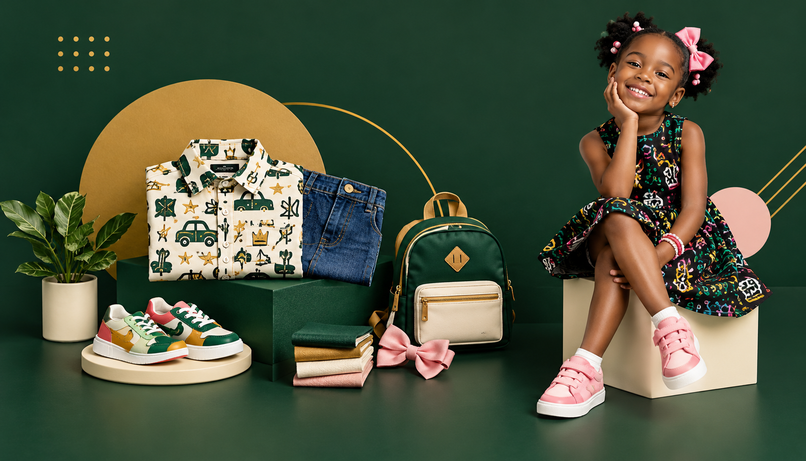 A child in a colourful Wealahkids outfit alongside kidswear and accessories