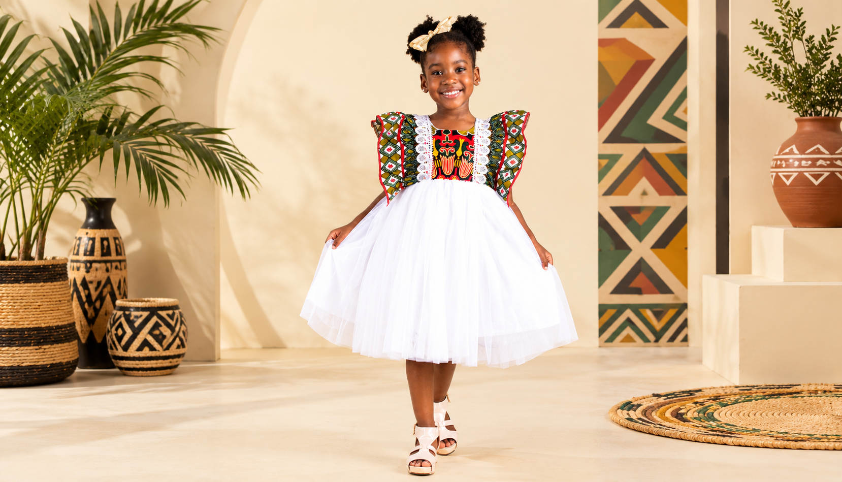 A smiling child wearing a colourful Wealahkids dress in a warm, patterned setting